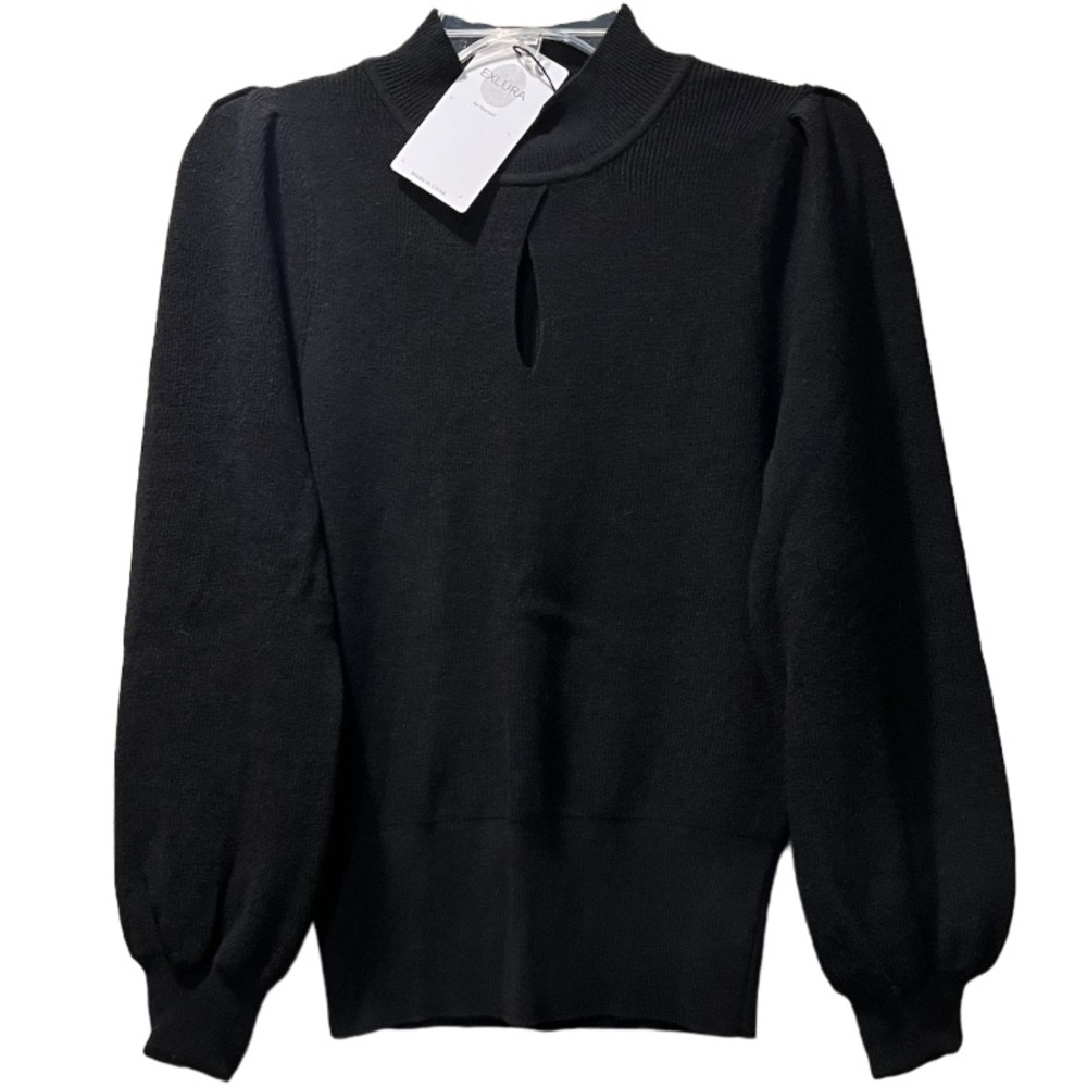 Soft High Crew Neck Keyhole Puff Sleeve Sweater Mock Black Exlura Size Medium - Picture 7 of 16